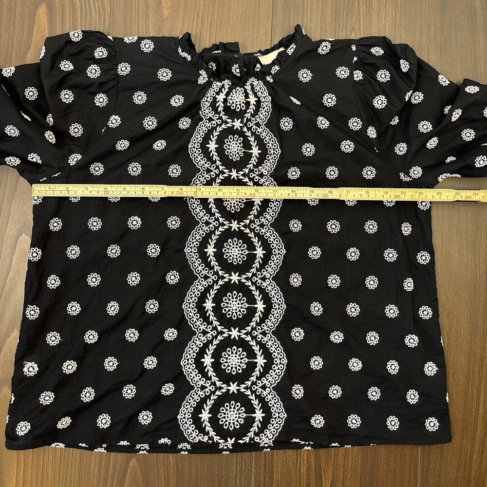 LOFT Black Embroidered Puff Sleeve Top Women's Size Large Boho Cottagecore - Picture 12 of 15